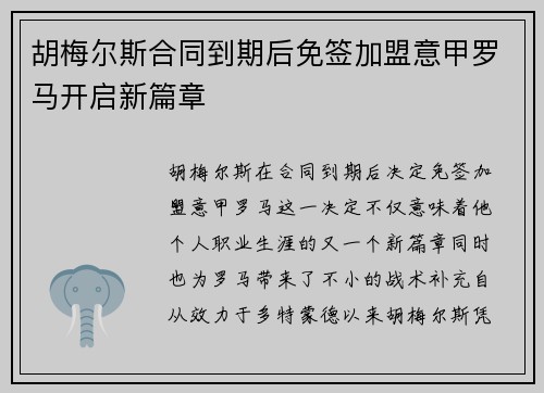 胡梅尔斯合同到期后免签加盟意甲罗马开启新篇章 胡梅尔斯合同到期后免签加盟意甲罗马开启新篇章