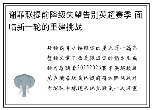 谢菲联提前降级失望告别英超赛季 面临新一轮的重建挑战 谢菲联提前降级失望告别英超赛季 面临新一轮的重建挑战